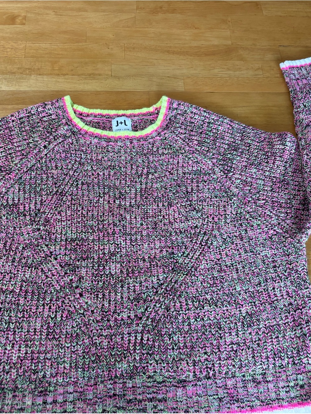 John + Jenn Pink Multicolor Crewneck Sweater with Neon Trim